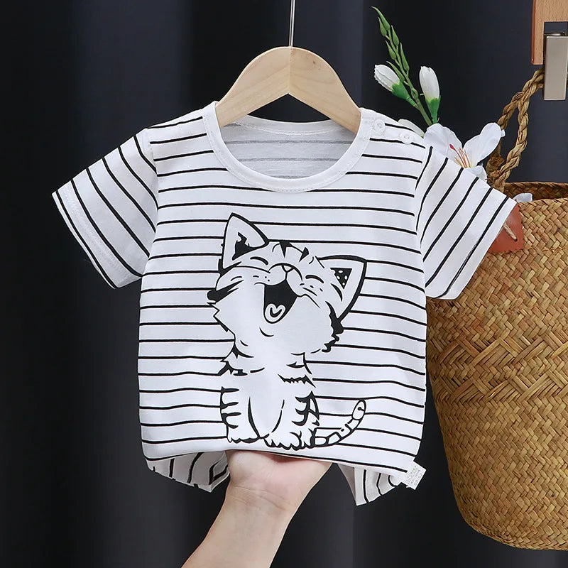 Close-up of cartoon fox print on an orange soft cotton toddler t-shirt, kids apparel