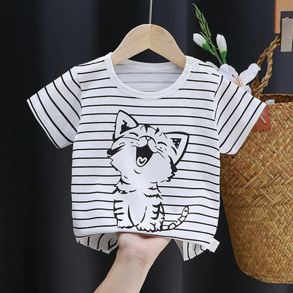 Close-up of cartoon fox print on an orange soft cotton toddler t-shirt, kids apparel