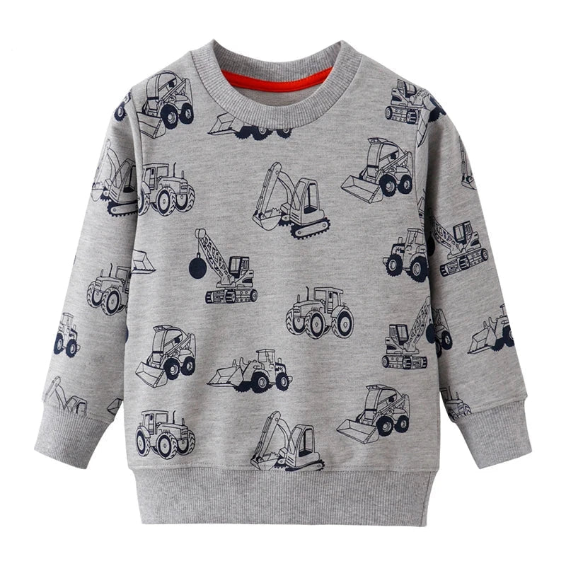 Stack of colorful kids' casual sweaters on a shelf, highlighting print variety.