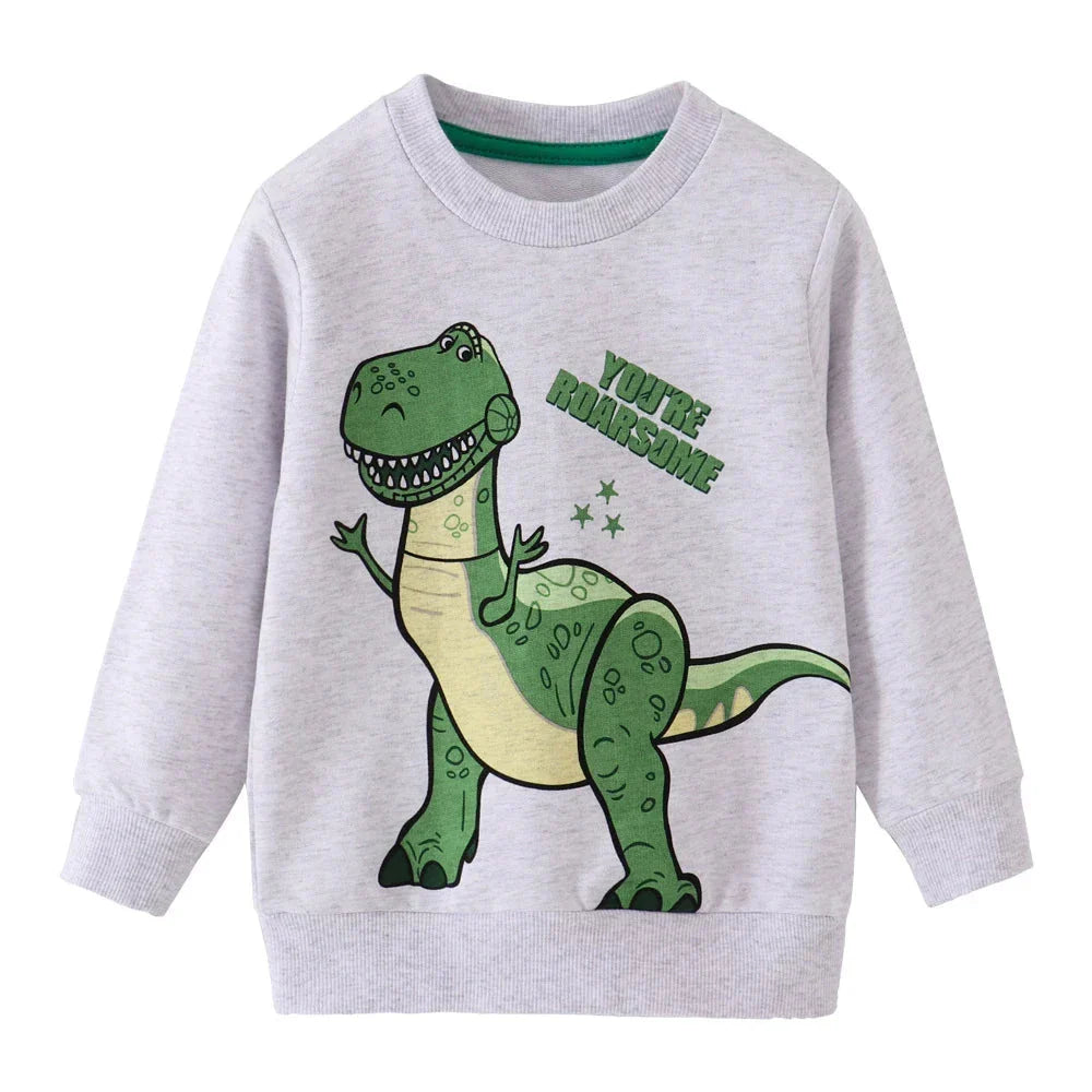 Stylish blue dinosaur print toddler sweater, made from soft cotton for comfort.