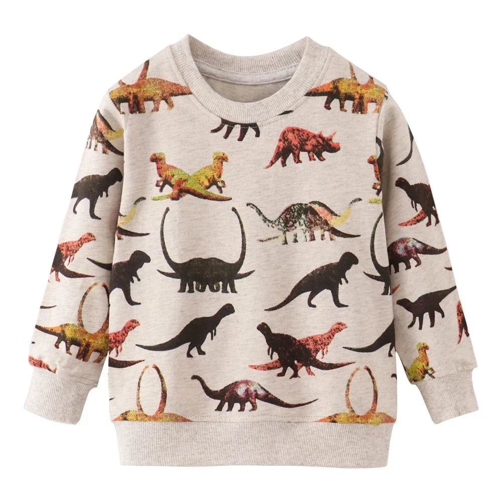 Kids' crewneck sweater in orange with a playful car print, durable and soft.