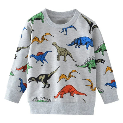 Dinosaur print kids' cotton sweater in green, perfect for young boys' fashion.