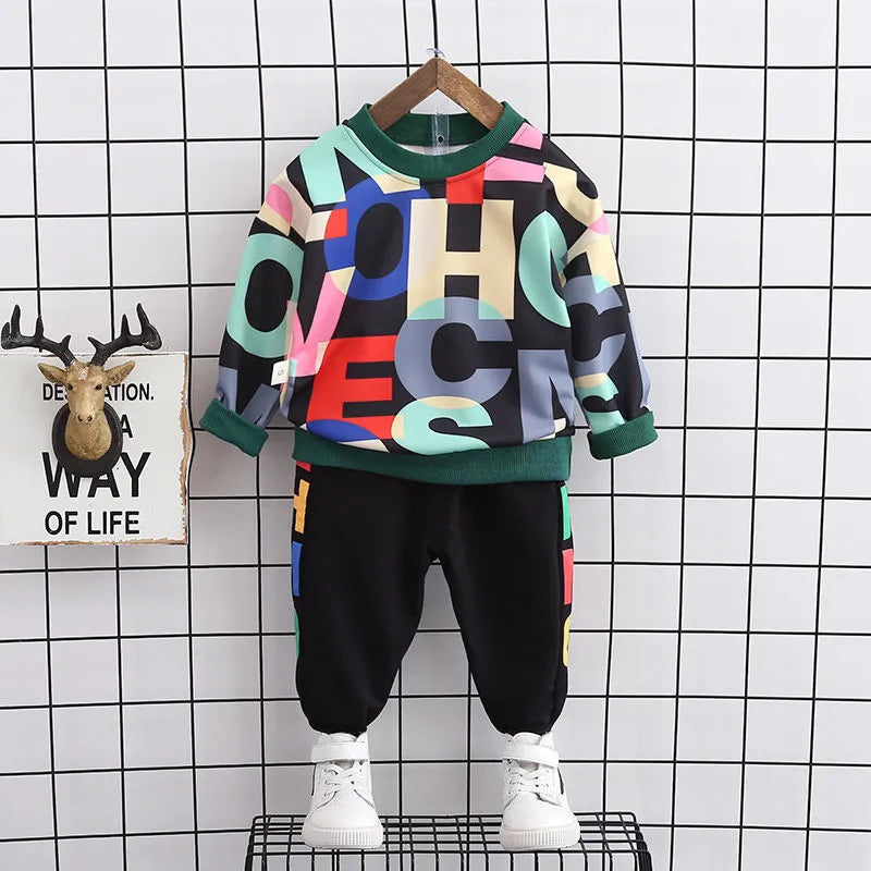 Two-piece cotton outfit for toddler boys: a blue long-sleeve crew neck t-shirt and casual pants.