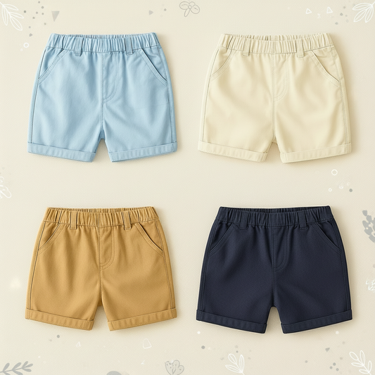 Toddler boy wearing blue breathable cotton summer shorts, playing outdoors happily.