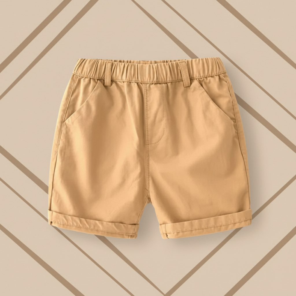 Young boy in red cotton shorts running, showcasing freedom of movement for children's apparel.
