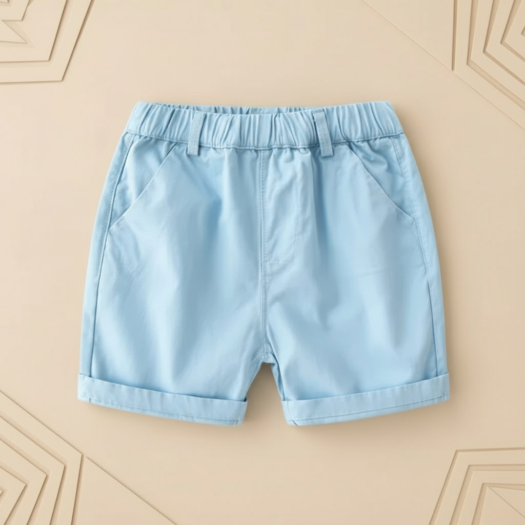 Detail of the soft fabric and stitching on boys' breathable cotton summer shorts.