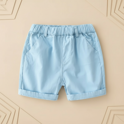 Detail of the soft fabric and stitching on boys' breathable cotton summer shorts.