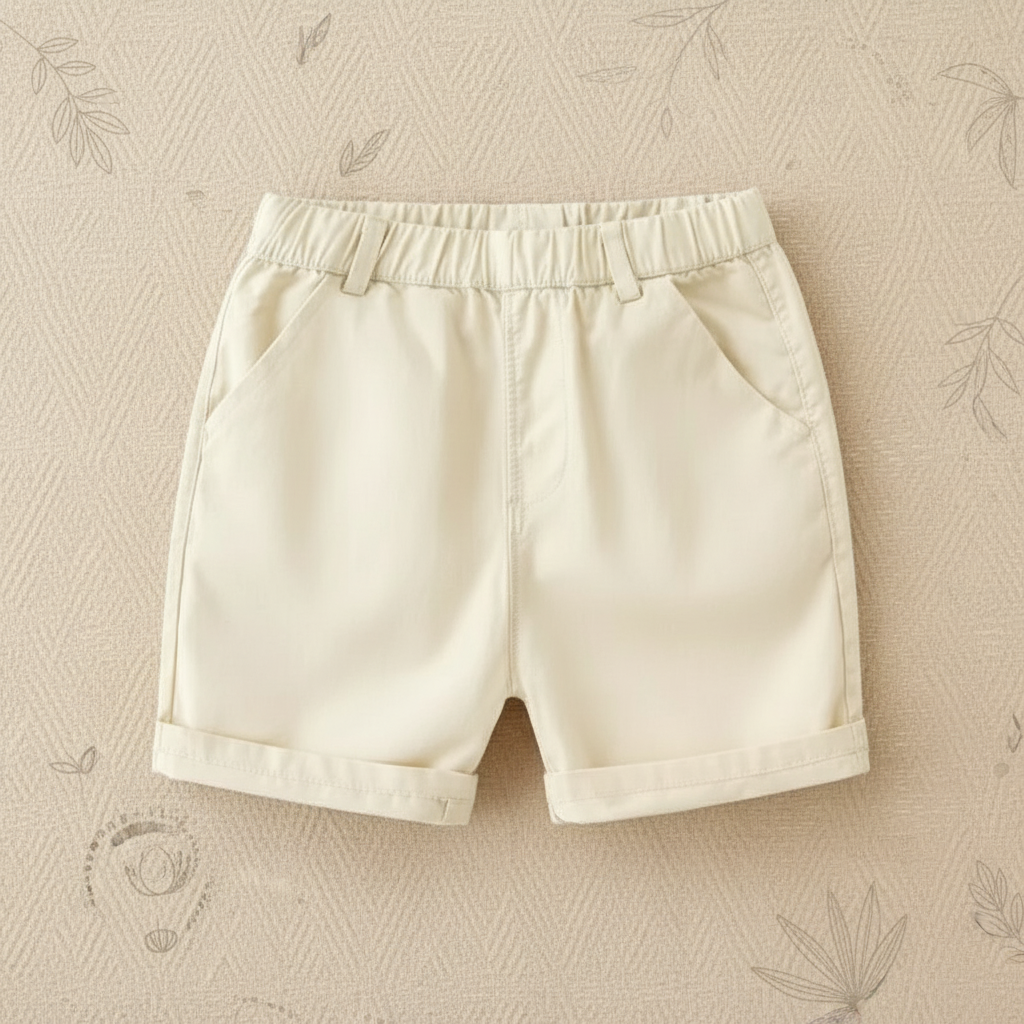 Assortment of colorful kids' cotton summer shorts, elastic waist, for boy's playwear.