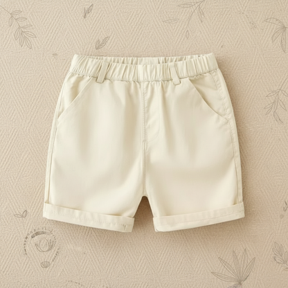 Assortment of colorful kids' cotton summer shorts, elastic waist, for boy's playwear.