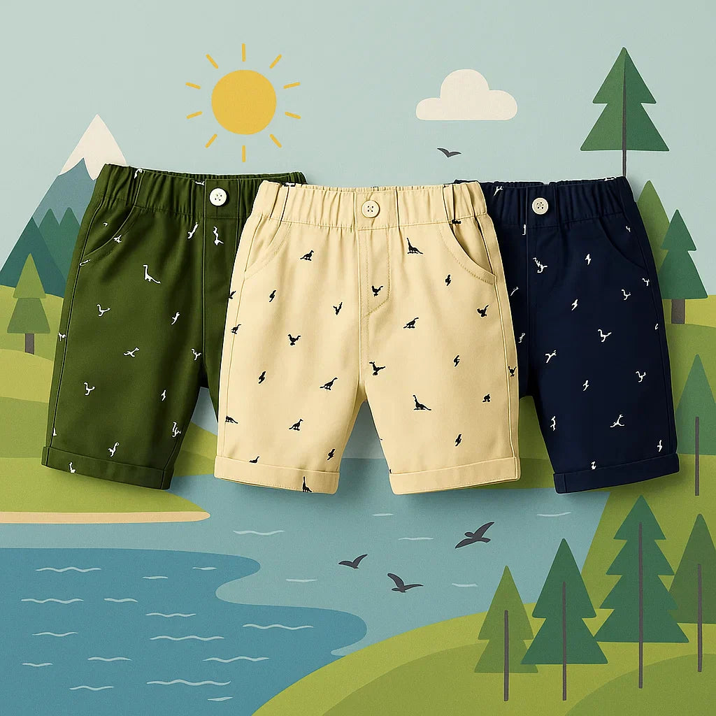 Toddler boy wearing blue dinosaur print breathable cotton blend shorts playing outdoors