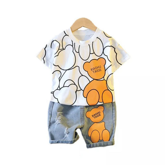 Toddler boys' cartoon t-shirt & shorts set; blue top, yellow shorts, smiling sun graphic
