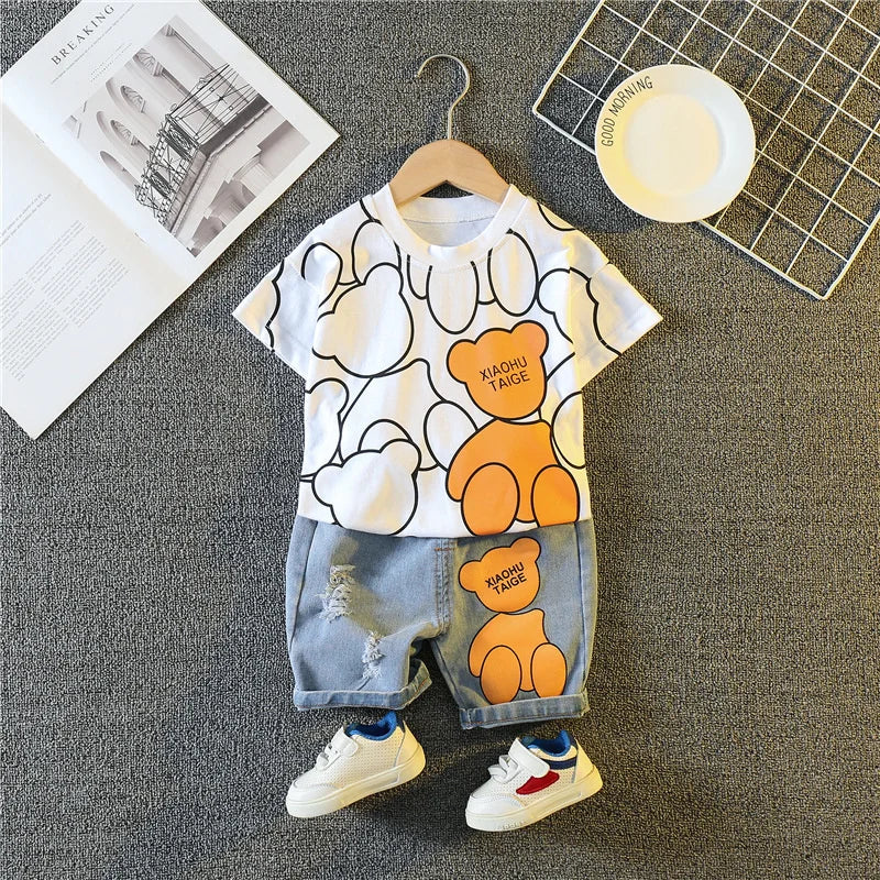 Summer playwear set for baby boys; vibrant orange t-shirt, cartoon robot, dark blue shorts