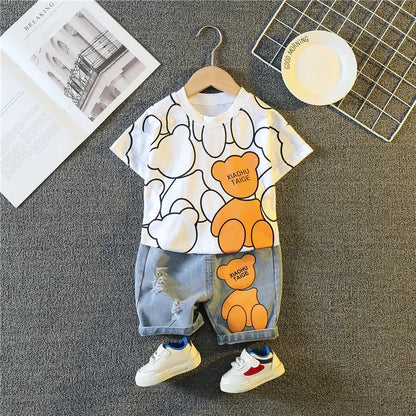 Summer playwear set for baby boys; vibrant orange t-shirt, cartoon robot, dark blue shorts