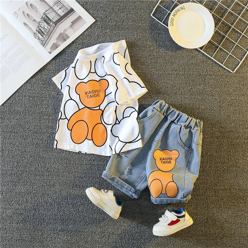Boys' cotton blend t-shirt & shorts set; grey tee with car print, black elastic waist shorts