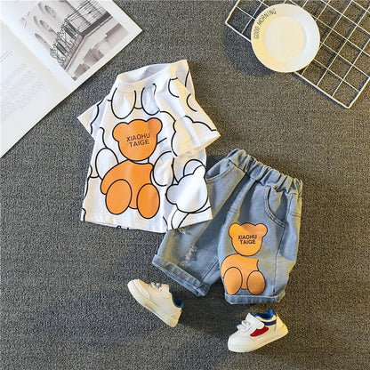 Boys' cotton blend t-shirt & shorts set; grey tee with car print, black elastic waist shorts