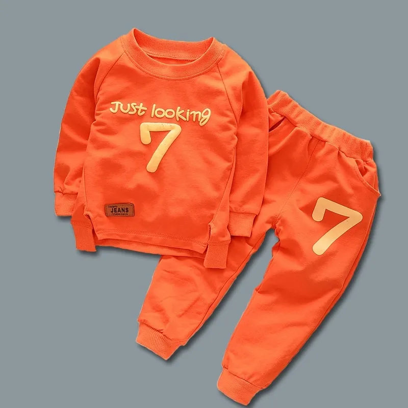 Front view of a toddler boys cotton modal blend t-shirt with matching casual pants set