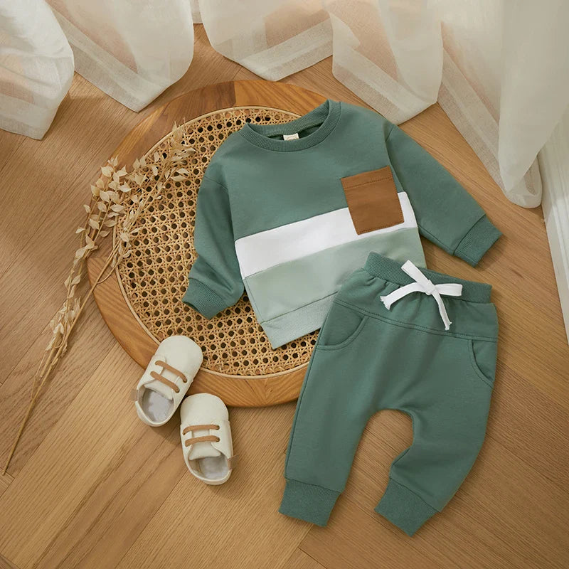Toddler boys' cotton blend tracksuit set, blue long-sleeve top & pants, cozy winter outfit