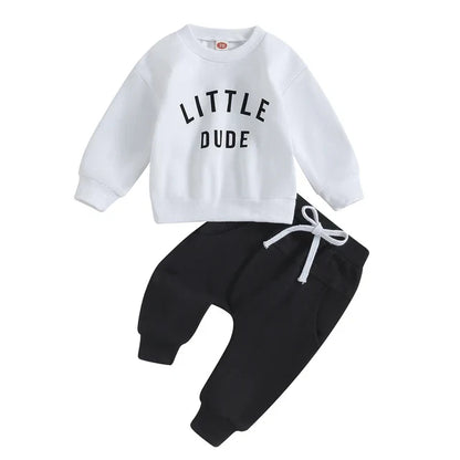 Complete toddler boys' cotton autumn outfit including a cozy sweatshirt and practical pants.