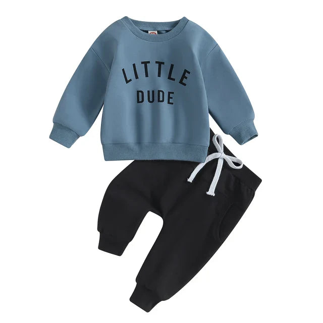 Kids' fashion: toddler boys' durable cotton sweatshirt and pants outfit for autumn.