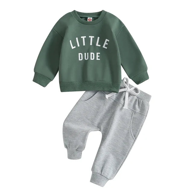 Back view of a toddler boys' cotton sweatshirt and pants set, comfortable for play.