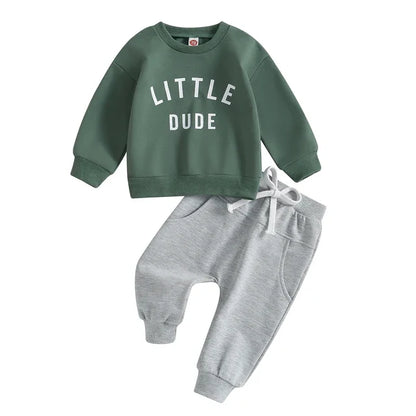 Back view of a toddler boys' cotton sweatshirt and pants set, comfortable for play.