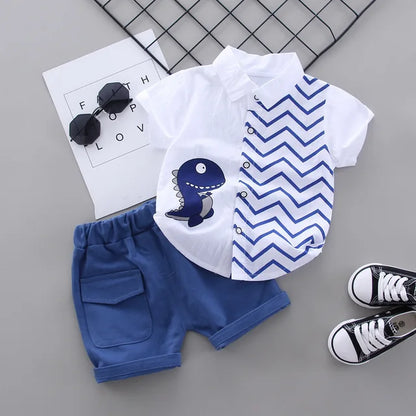 Stylish toddler boys' summer outfit: dino print shirt & shorts, ideal for kids' fashion