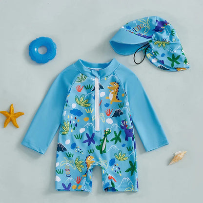 Toddler boys long-sleeve shark & dinosaur print swimsuit with sun hat, UV protection beachwear