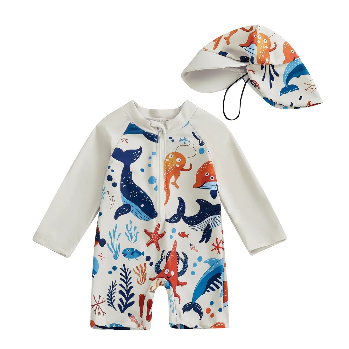 Two-piece toddler boys swimwear: shark/dino rash guard and sun hat, excellent UV protection