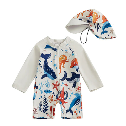 Two-piece toddler boys swimwear: shark/dino rash guard and sun hat, excellent UV protection