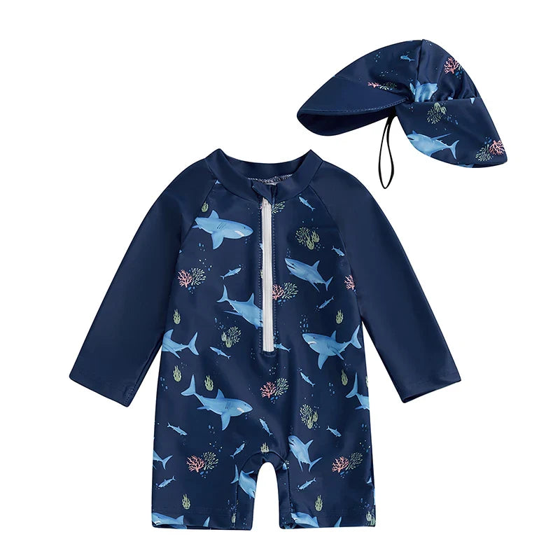 Playful shark & dinosaur print long-sleeve swimsuit for toddler boys with sun hat, safe swimwear