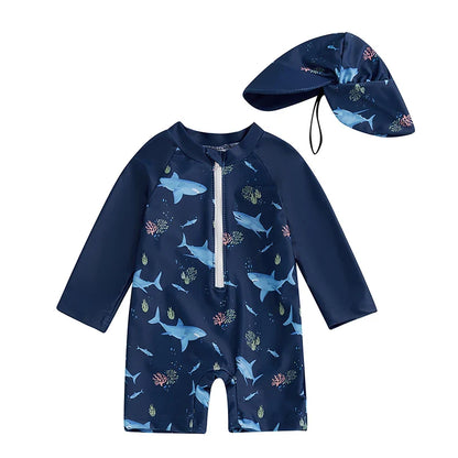 Playful shark & dinosaur print long-sleeve swimsuit for toddler boys with sun hat, safe swimwear