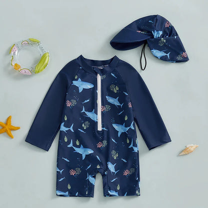 Shark print long-sleeve toddler boys swimsuit and sun hat set for UV protection pool wear
