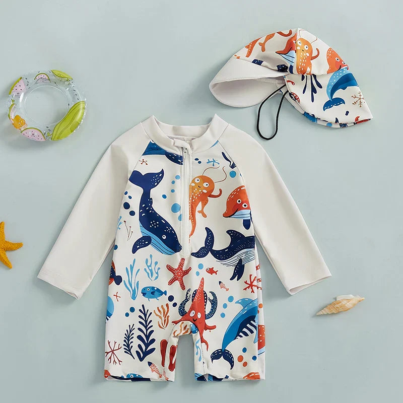 Dinosaur motif long-sleeve swimwear for toddler boys with matching sun hat, quick dry fabric