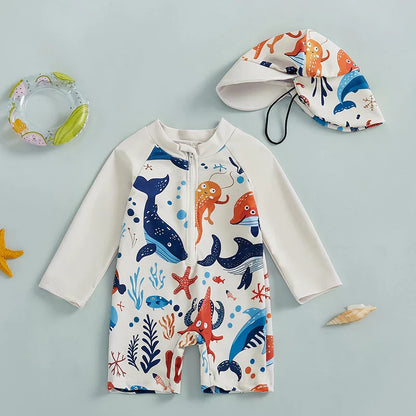 Dinosaur motif long-sleeve swimwear for toddler boys with matching sun hat, quick dry fabric
