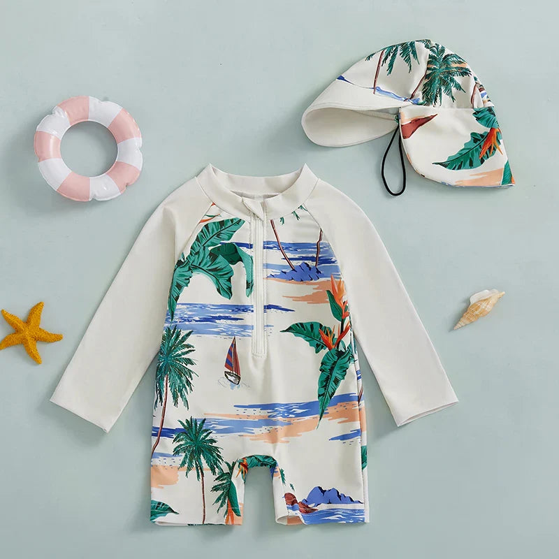 Full-body UV protection swimsuit for toddler boys featuring shark and dinosaur designs & hat