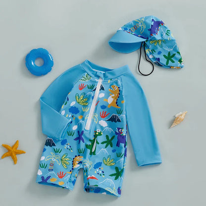 Blue long-sleeve toddler boys shark & dino swimsuit with matching sun protection hat