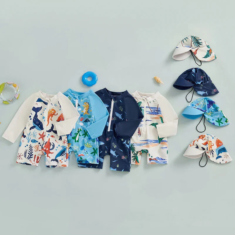Toddler boys swim set: shark & dinosaur print rash guard and sun hat, ideal for beach safety