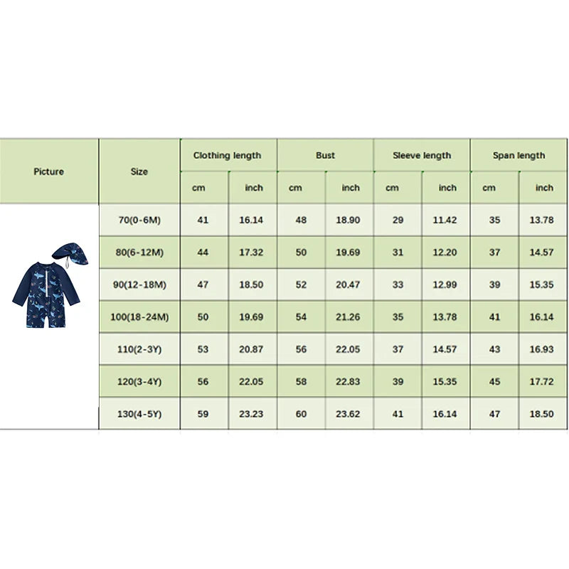 UV protective long-sleeve bathing suit for toddler boys with fun shark and dinosaur patterns