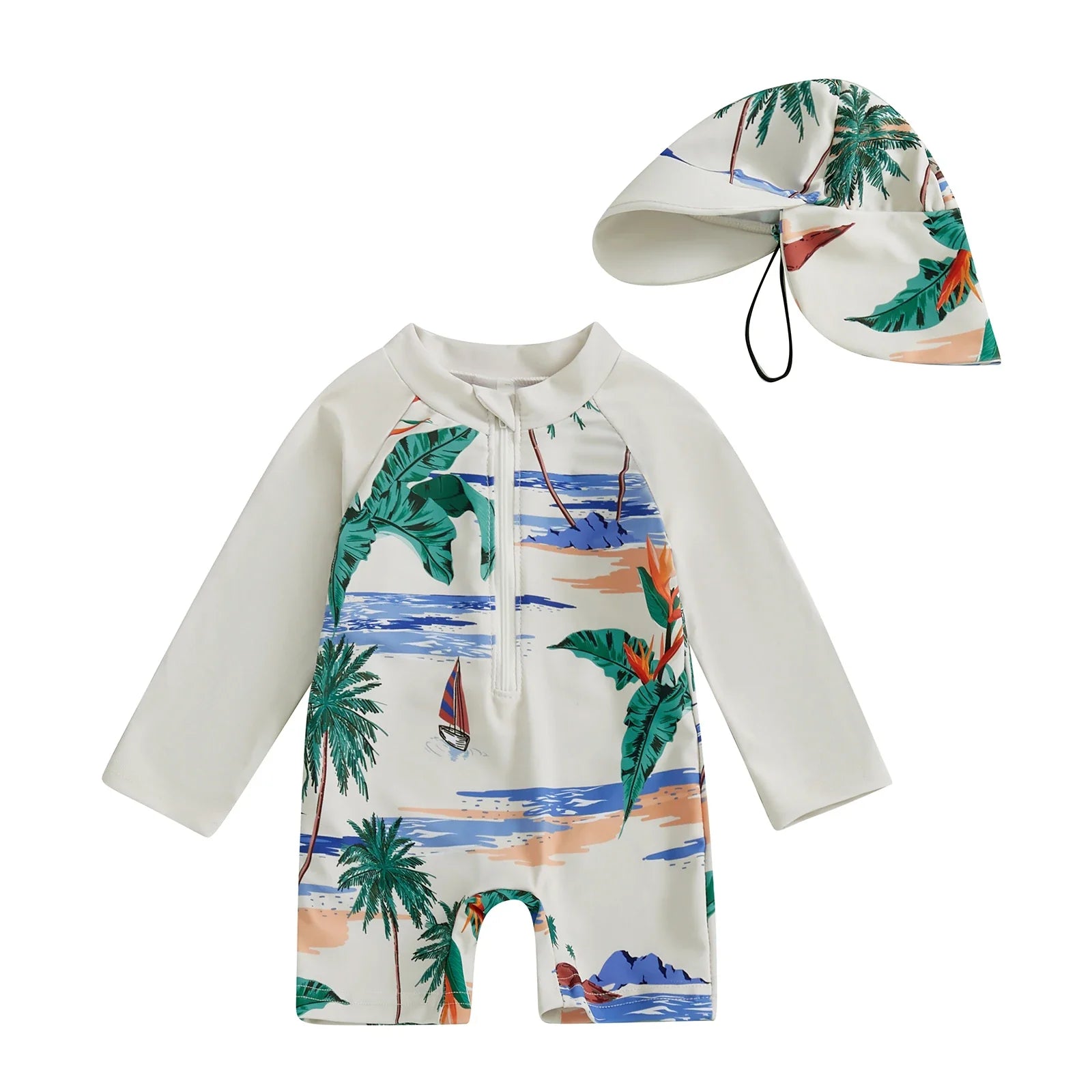 Kid fashion toddler boys' quick-dry swimsuit with sun protection hat, shark and dino icons