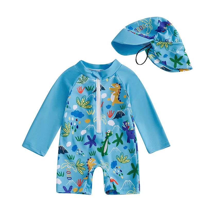 Beach day essential: toddler boys long-sleeve shark & dinosaur swimsuit with sun hat for UV
