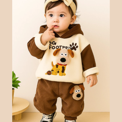 Smiling toddler boy wearing a stylish two-piece tracksuit, running outside, spring fashion.