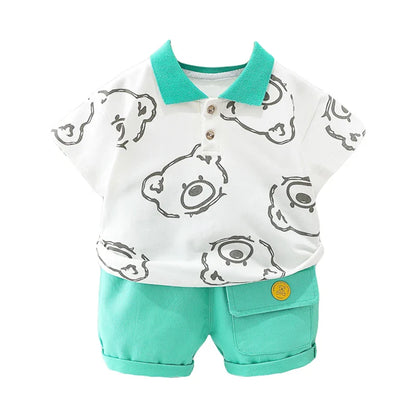 Toddler boys' summer cartoon bear t-shirt and shorts set, comfortable cotton outfit.
