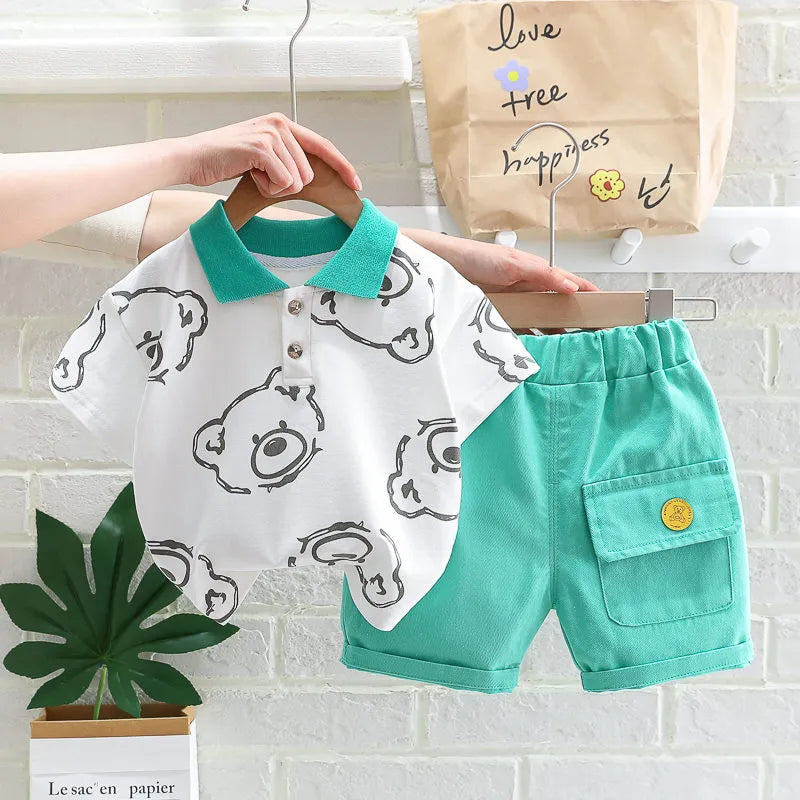 Baby boy clothes: kids cartoon bear short sleeve t-shirt and matching shorts for summer.