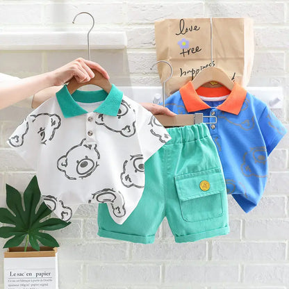 Boys' two-piece summer casual wear set with a playful cartoon bear design.