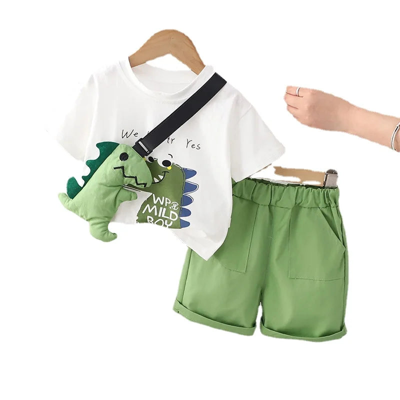 Toddler boys' summer dinosaur print outfit set, short sleeve cotton top and shorts
