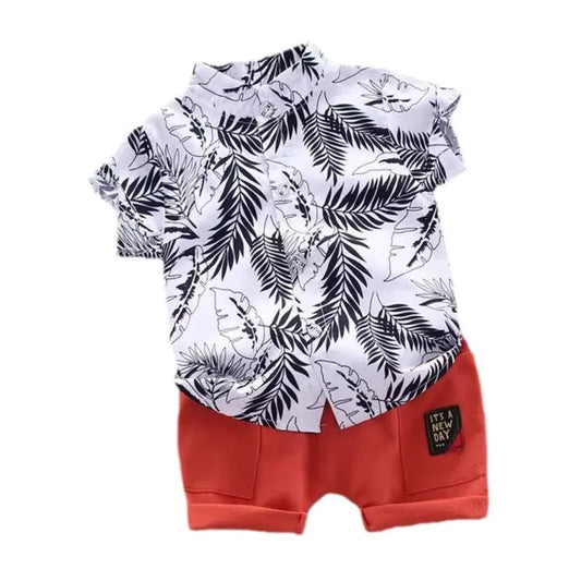 Toddler boys' summer outfit set with a playful printed top and comfy shorts, ideal for baby fashion.