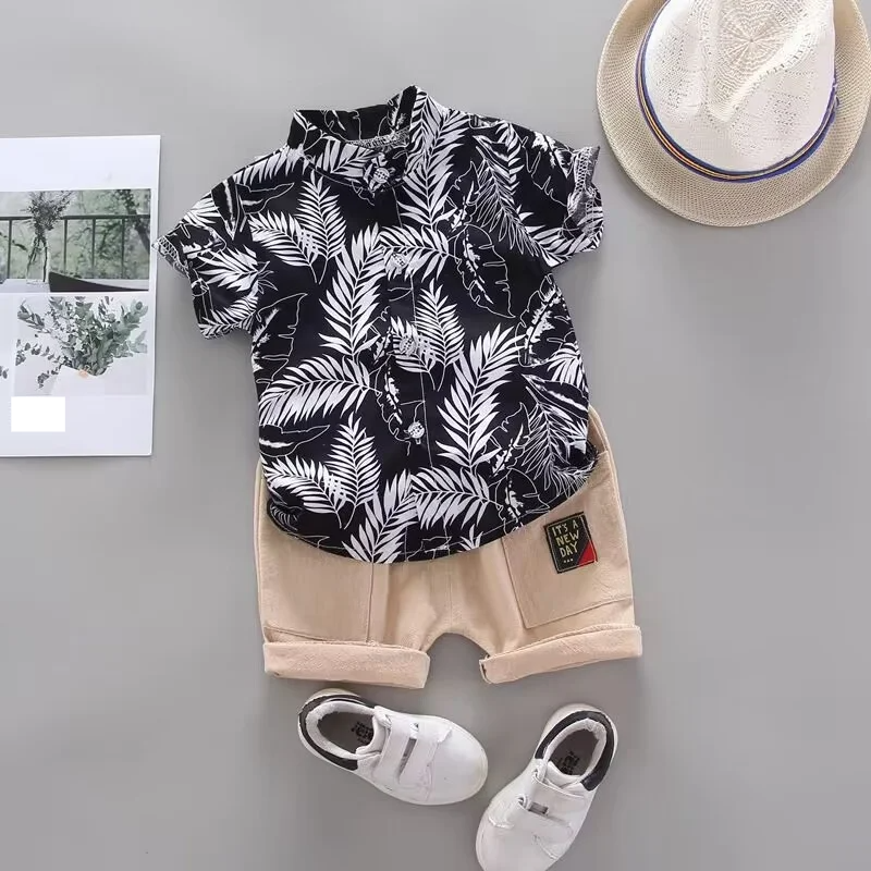 Little boys' summer style outfit, includes a graphic tee and elastic waist shorts, great for kids' clothing.