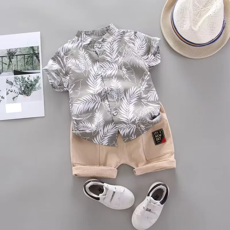 Baby boys' summer play clothes set, breathable cotton, short sleeve top and shorts, children's apparel.
