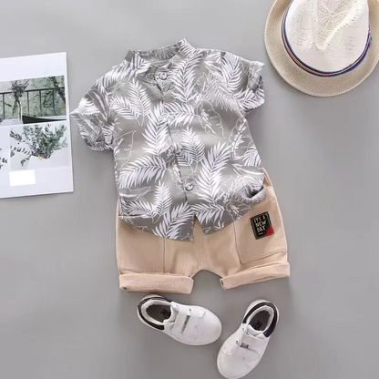 Baby boys' summer play clothes set, breathable cotton, short sleeve top and shorts, children's apparel.