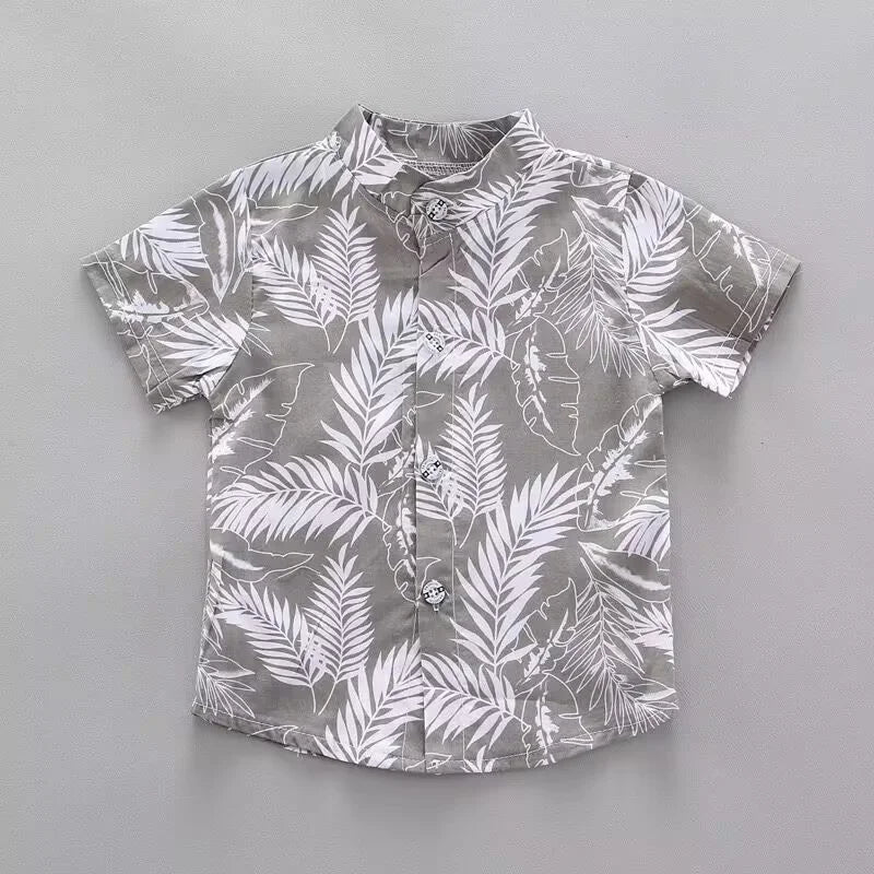 Kids' summer clothing: a two-piece set for toddler boys, bright printed shirt and simple shorts for hot days.